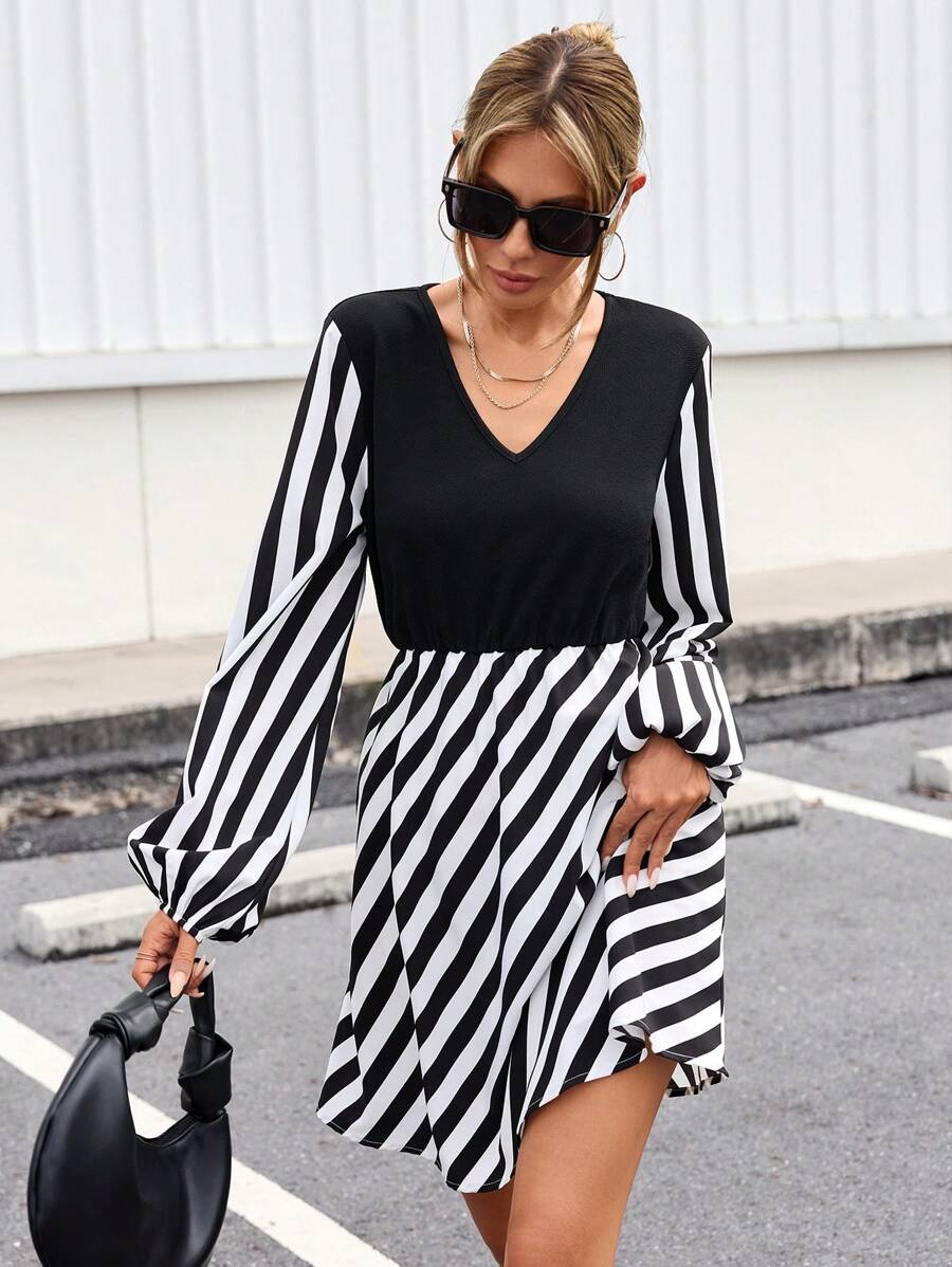 SHEIN Privé Women's Striped Lantern Sleeve V-Neck Dress - Black and White - View 1