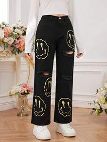 Teen Girls' Cartoon Print Ripped Straight Leg Jeans - Black - View 4