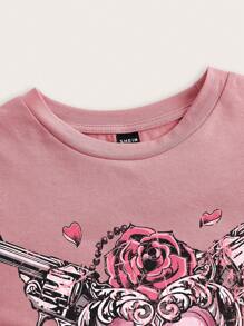 SHEIN EZwear Áo thun ngắn tay in họa tiết hoa hồng hình trái tim phong cách Y2K thường ngày dành cho nữ, cổ tròn, dáng ôm vừa vặn, thích hợp cho mùa hè - Màu Hồng  San hô - Xem 4