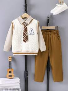SHEIN 3入組男孩英倫風紳士羊毛衫配襯衫和長褲套裝 - 彩色 - 查看 1