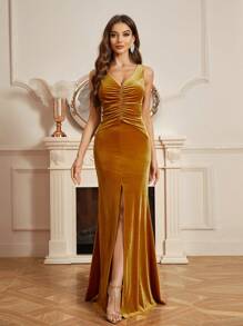 SHEIN Belle Bridesmaid Dress With Front Middle Slit Design, Pleated And Ruched, With Chest Cups - Yellow - View 3