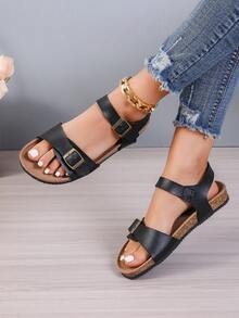 女士扁平涼鞋純色易穿進腳環防滑耐用雙扣帶拖鞋,日常舒適鞋履 - 黑色 - 查看 6