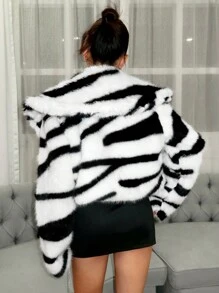 SHEIN ICON Women'S Plush Navy Style Coat - Black and White - View 3