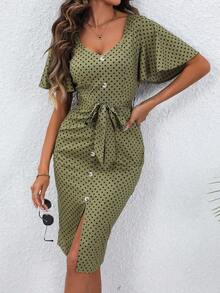SHEIN VCAY Polka Dot Print Bell Sleeve Belted Dress - Green - View 3