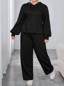 SHEIN Essnce Plus Size Women'S Textured Hooded Top & Pants Set - Apricot - View 4