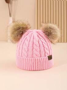 Morgan Mondays Co 時尚可愛毛球編織貼標無邊針織帽,帶雙毛球 - 淺粉色 - 查看 2