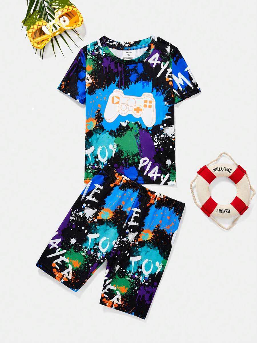 SHEIN 2入組青年男孩休閒圓領短袖印花t恤和短褲貼身睡衣套裝 - 彩色 - 查看 1