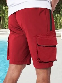 Manfinity Homme Men's Solid Color Drawstring Waist Cargo Shorts Plain Dark Red - Red - View 2