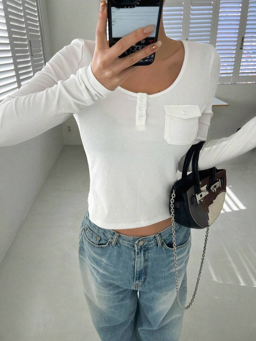 DAZY 女款圓領長袖t恤 - 白色 - 查看 1