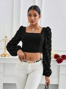 GENKIRA Lantern Sleeve Short Blouse With 3d Flower Decoration Fall Cloth For Women - Black - View 5