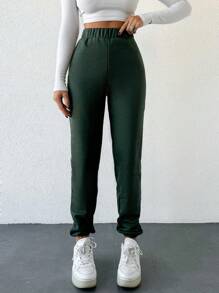 RueChic Solid Elastic Waist Sweatpants - Green - View 3