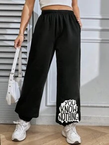 SHEIN Unity 字母印花保暖内衬保暖运动裤 - 黑色 - 查看 4