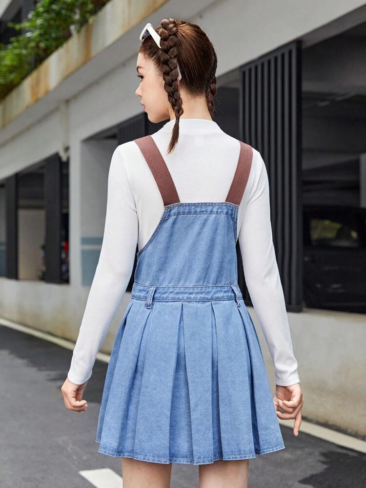 Teen Girls' Casual Denim Overall Dress With Pleated Hem