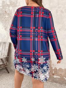 SHEIN LUNE 大尺碼圓領長袖格紋裙 - 藏蓝色 - 查看 2