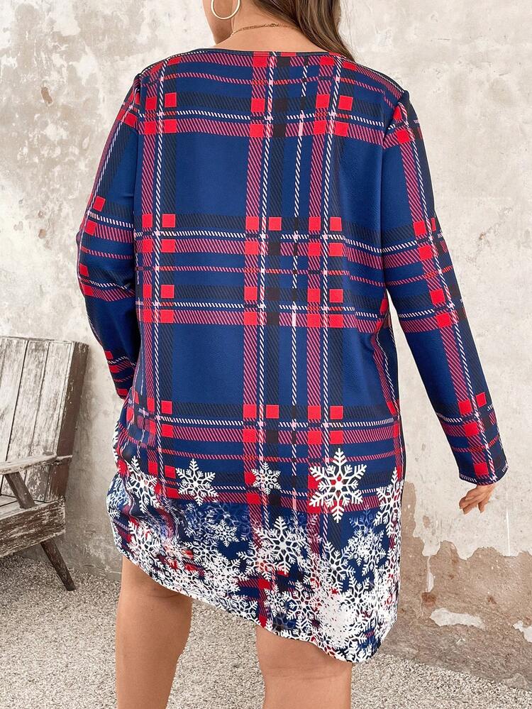 Plus Size Round Neck Long Sleeve Plaid Dress