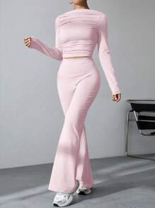 SHEIN MOOSTA Long Sleeve Solid Color T-Shirt And Flared Pants 2pcs/Set - Pink - View 4