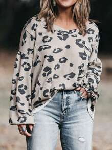豹紋泡泡袖窩針大尺碼上衣 - 杏色 - 查看 1