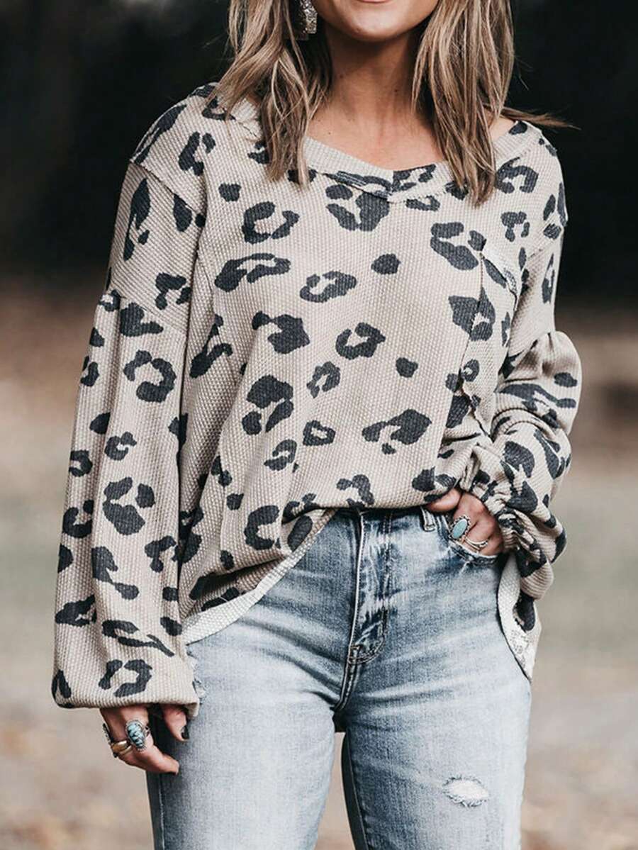 豹紋泡泡袖窩針大尺碼上衣 - 杏色 - 查看 1