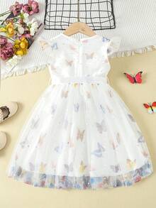 SHEIN Young Girls Butterfly Mesh Print Belted Dress - White - View 2