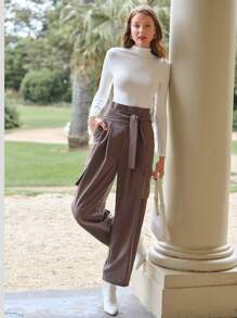 Anewsta 純色束腰貨物褲 - 黑色 - 查看 5