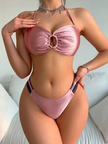 SHEIN Swim Damen Ausschnitt Bikini Set mit Trägerhalsung, für den Valentinstag und Sommer am Strand - Pink - Übersicht 4