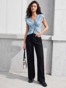 BizChic Solid Color Blouse With Pleated Details
