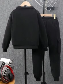 SHEIN Tween Boys' Solid Color Sweatshirt And Pants Tracksuit With Big Pocket For Autumn And Winter - Black - View 2