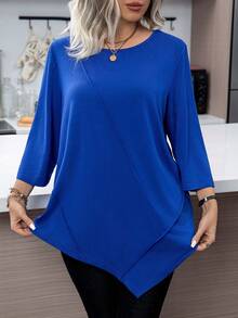 Calvaya Plus Size Solid Color Asymmetrical Hem T-Shirt - Blue - View 5