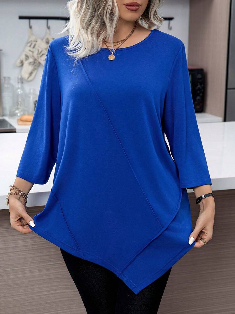 Calvaya Kích thước lớn Màu thuần Viền không đối xứng Áo thun - Màu xanh lam - Xem 5