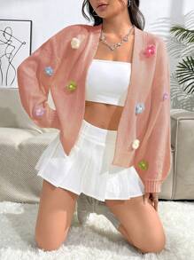 SHEIN Unity Women's Colorful Three-Dimensional Flower Decorated Cardigan - Pink - View 1