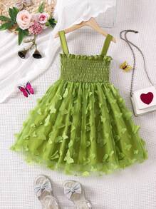 SHEIN 幼兒女孩 3d 花卉貼花網紗芭蕾舞短裙,配細肩帶