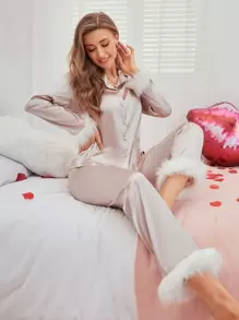 Fuzzy Detail Satin Pajama Set, Fall Clothes - Champagne - View 1