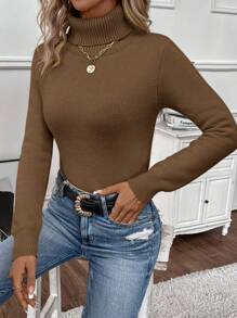 EMERY ROSE 女式純色高領保暖針織衫 - 棕色 - 查看 4