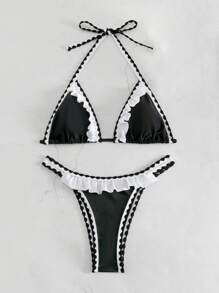 Swim Mod Women's Two Pieces Bikini Set With Contrast Color Ruffles Summer Beach - Black - View 7