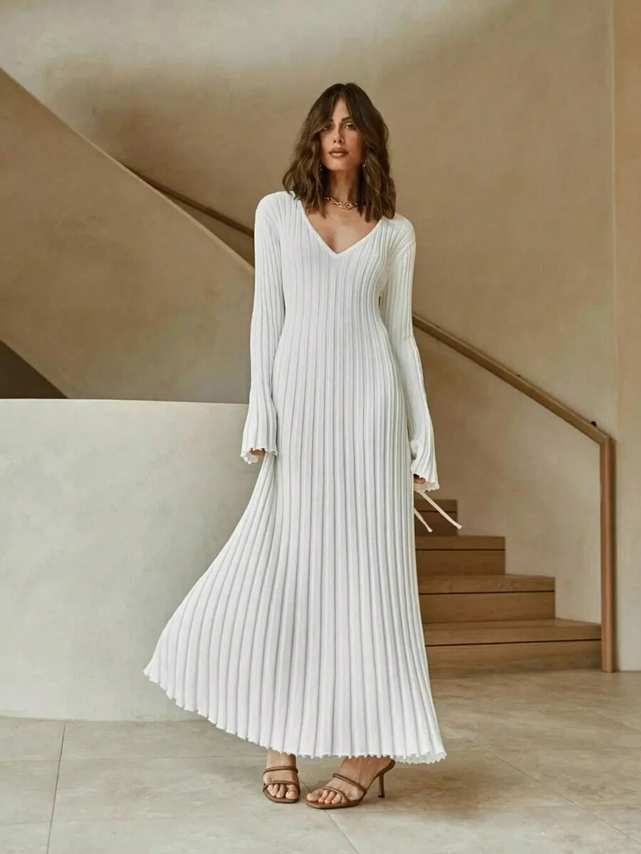 Solid V Neck Flounce Sleeve Dress - White - View 1