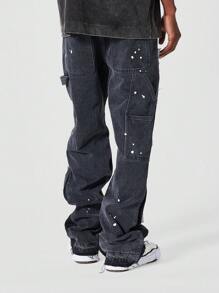 SUMWON Colour Blocked Flare Fit Jean With Paint Print - Black - View 4