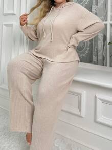 Plus Size Solid Color Drawstring Hooded Homewear Set - Apricot - View 4