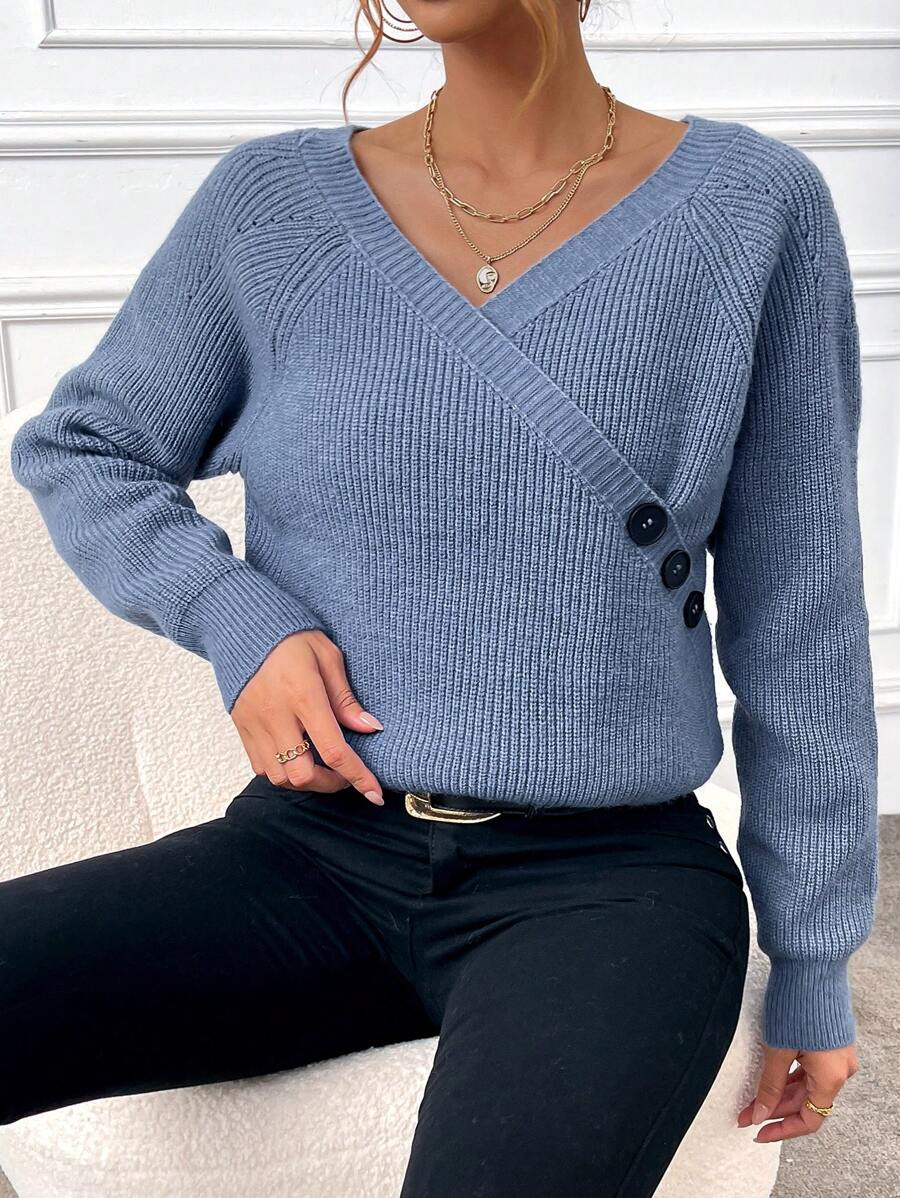 SHEIN LUNE 纯色纽扣细节裹身针织套头衫秋冬毛衣 - 綠色 - 查看 1