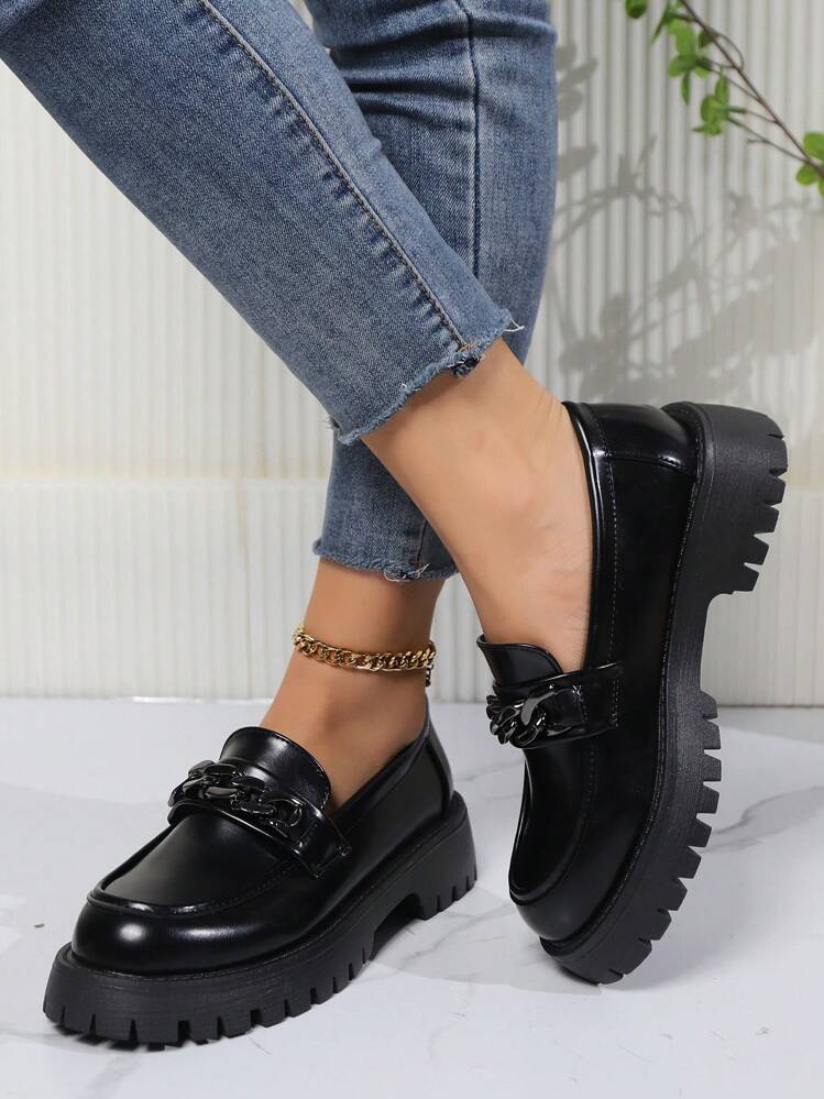 Zapatos de mujer negros de punta redonda con decoración de cadena, estilo retro británico, estilo japonés, estilo de campus - Negro - Ver 3