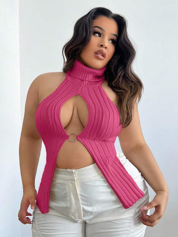 Women's Plus Size Hollow Out Ring Detail Halter High Neck Knit Top
