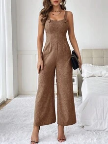 SHEIN Privé Quý cô Màu thuần Quần yếm Áo liền quần - màu nâu - Xem 3