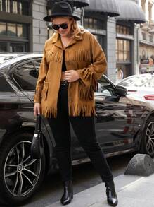 RueChic Plus Fringe Trim Dual Pocket Suedette Jacket - Beige - View 2