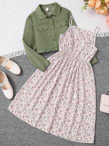 SHEIN Tween Girl 2pcs/Set Long Sleeve Jacket And Floral Printed Sleeveless Dress - Army Green - View 1