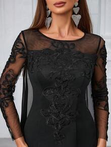 YISIKADO 女式正式晚禮服,帶有網眼、刺繡、印花,長袖和披肩,黑色 - 黑色 - 查看 5