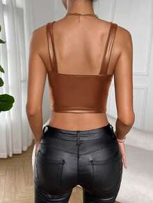 SHEIN Privé Của phụ nữ Da giả Dày Dây đeo Cami ngọn - màu nâu - Xem 2