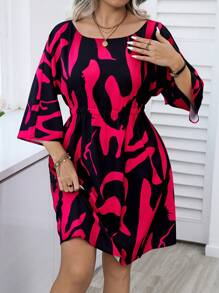 Celure Plus Size Women'S Floral Print Cinched Waist Dress - Hot Pink - View 4