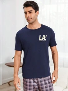 Men'S Slogan Printed Home Wear Top - Navy Blue - View 3