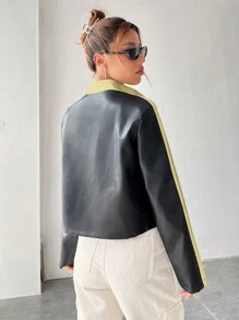 SHEIN EZwear 撞色PU皮革夾克 - 黃色 - 查看 2