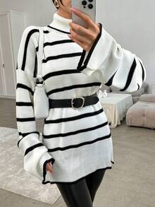 SHEIN 女士條紋高領落肩毛衣 - 黑與白 - 查看 5