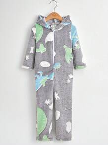 Toddler Boys' Cartoon Patterned Zippered Hooded Flannel Pajamas - Grey - View 1